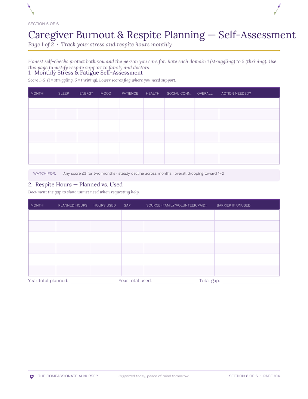 Caregiver Burnout and Respite worksheet page