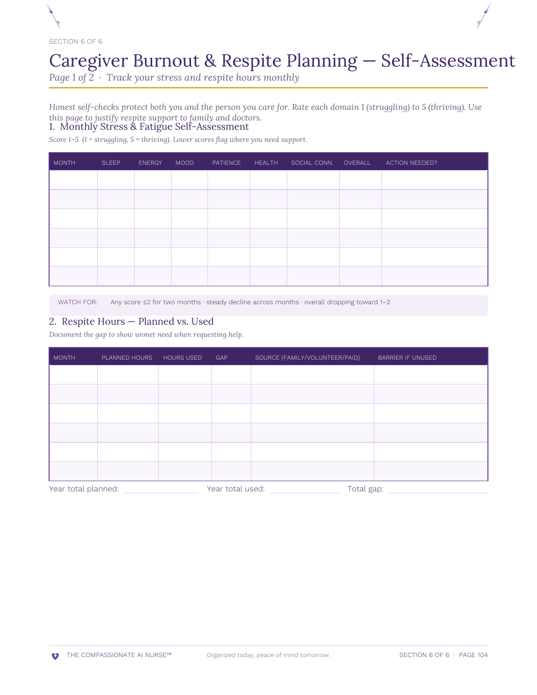 Caregiver Burnout and Respite worksheet page