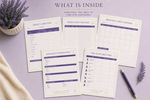 What is inside the Caregiver Binder - interior pages including Daily Care Log, Medication Tracker, Monthly Calendar, Emergency Information, and Care Team Directory