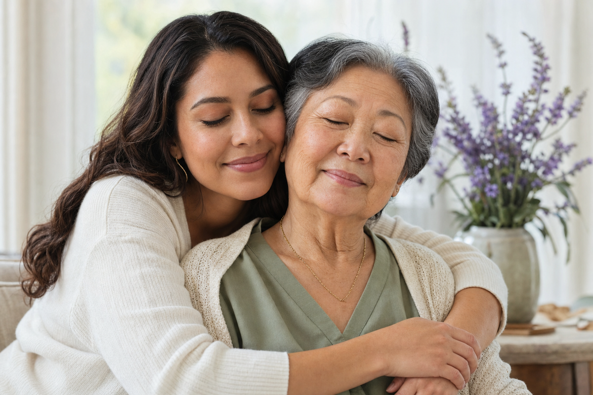 A younger Latina woman embracing an older East Asian woman